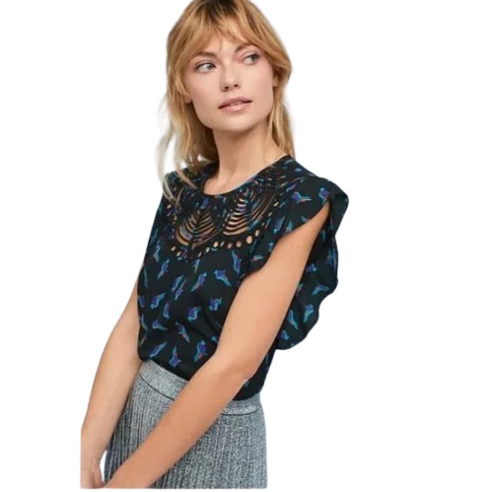Ranna Gill Anthropologie Cutwork Flutter Sleeve Bird Print Blouse Size XS